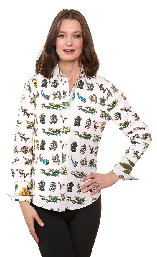 White button-up shirt with mini dragon print, long sleeves, button front, women’s fit