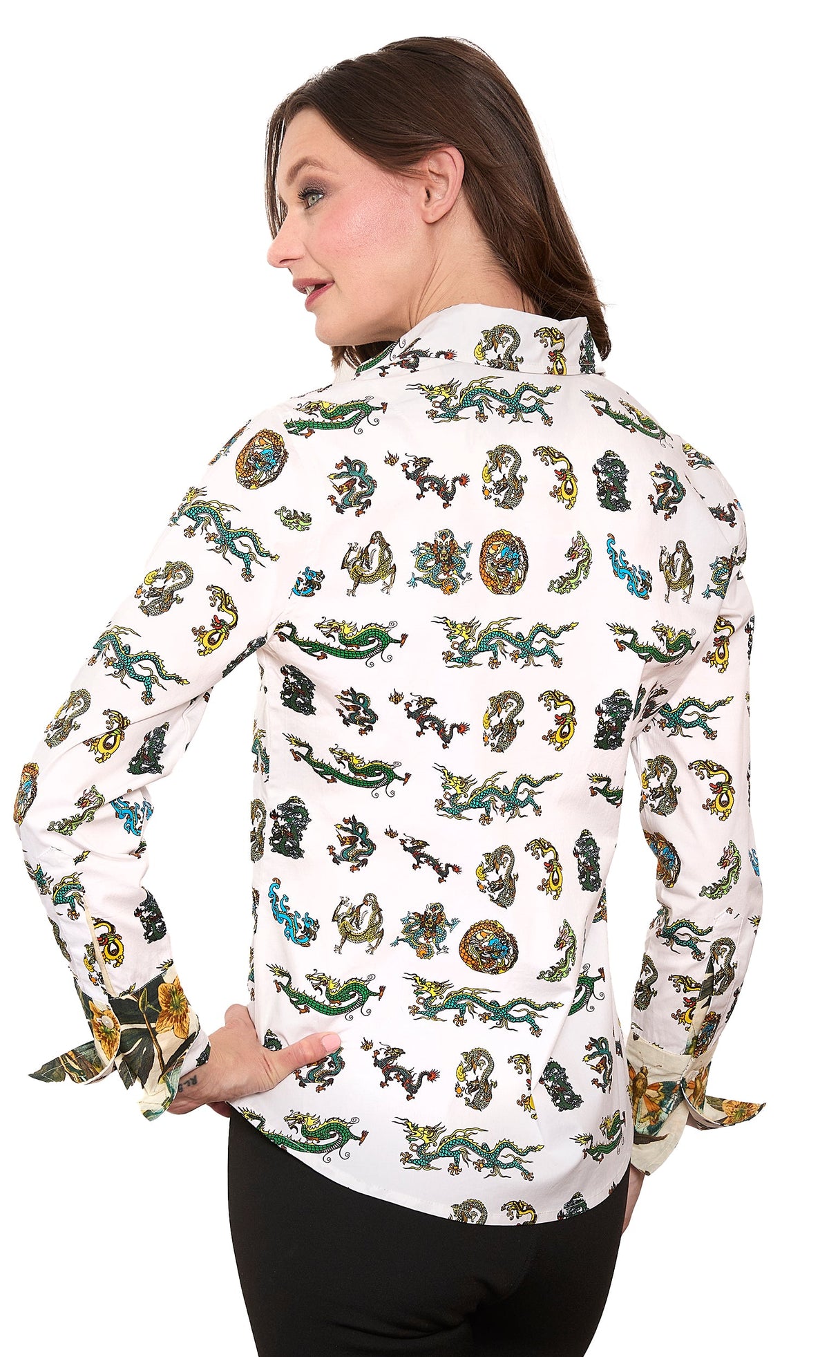White button-up shirt with mini dragon print, long sleeves, stand collar, back view