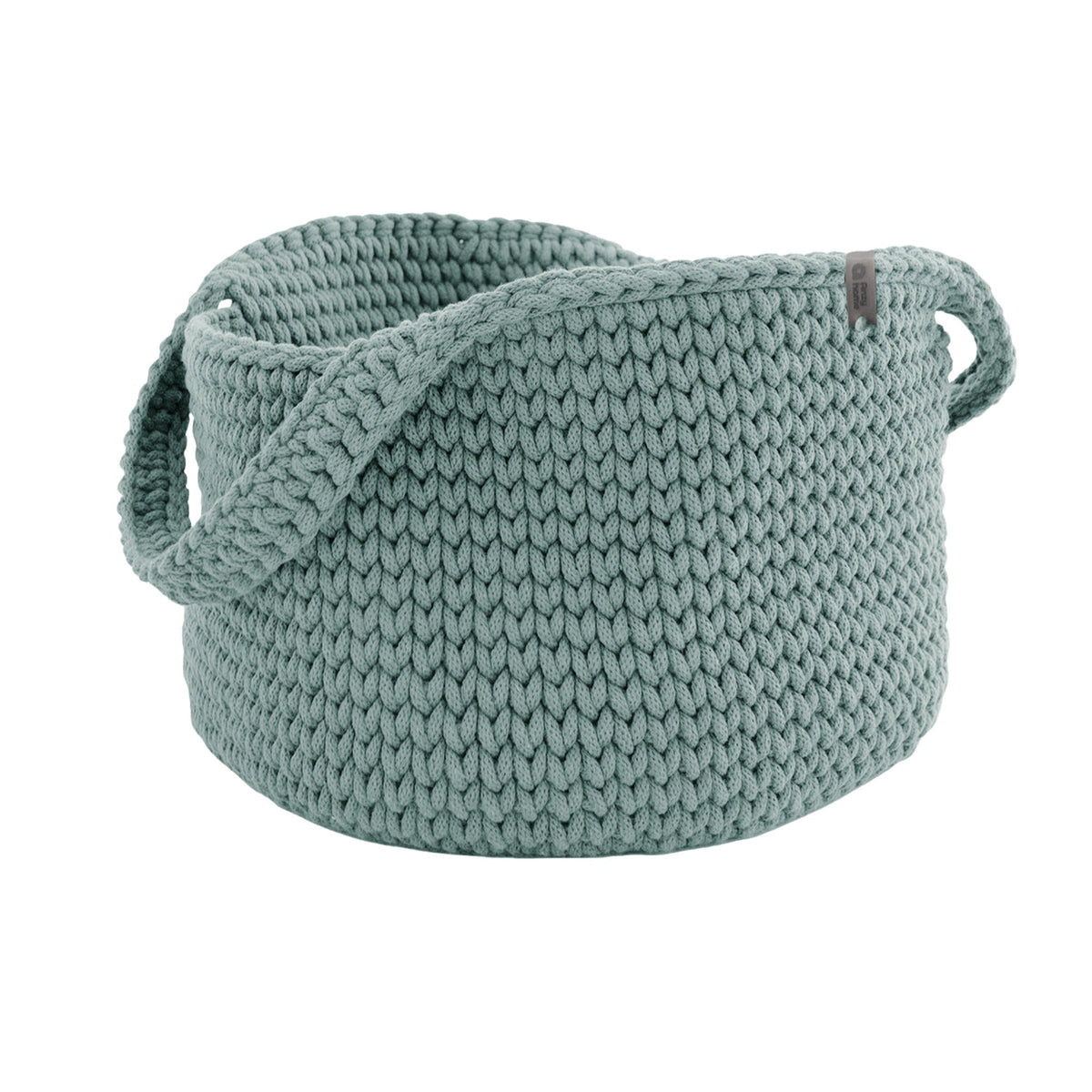 Round knit storage basket with handles, seafoam teal