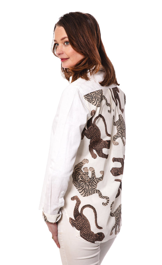 White long-sleeve shirt with brown cat pattern across the back panel