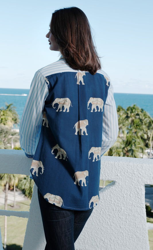 Women's hi-lo top, navy back with light elephant print and vertical striped sleeves