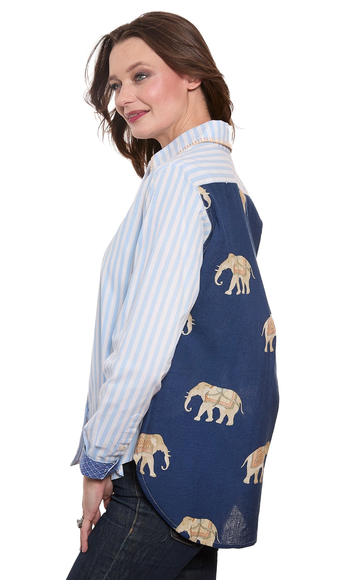 Women's hi-lo top with striped front and navy side panel featuring elephant print
