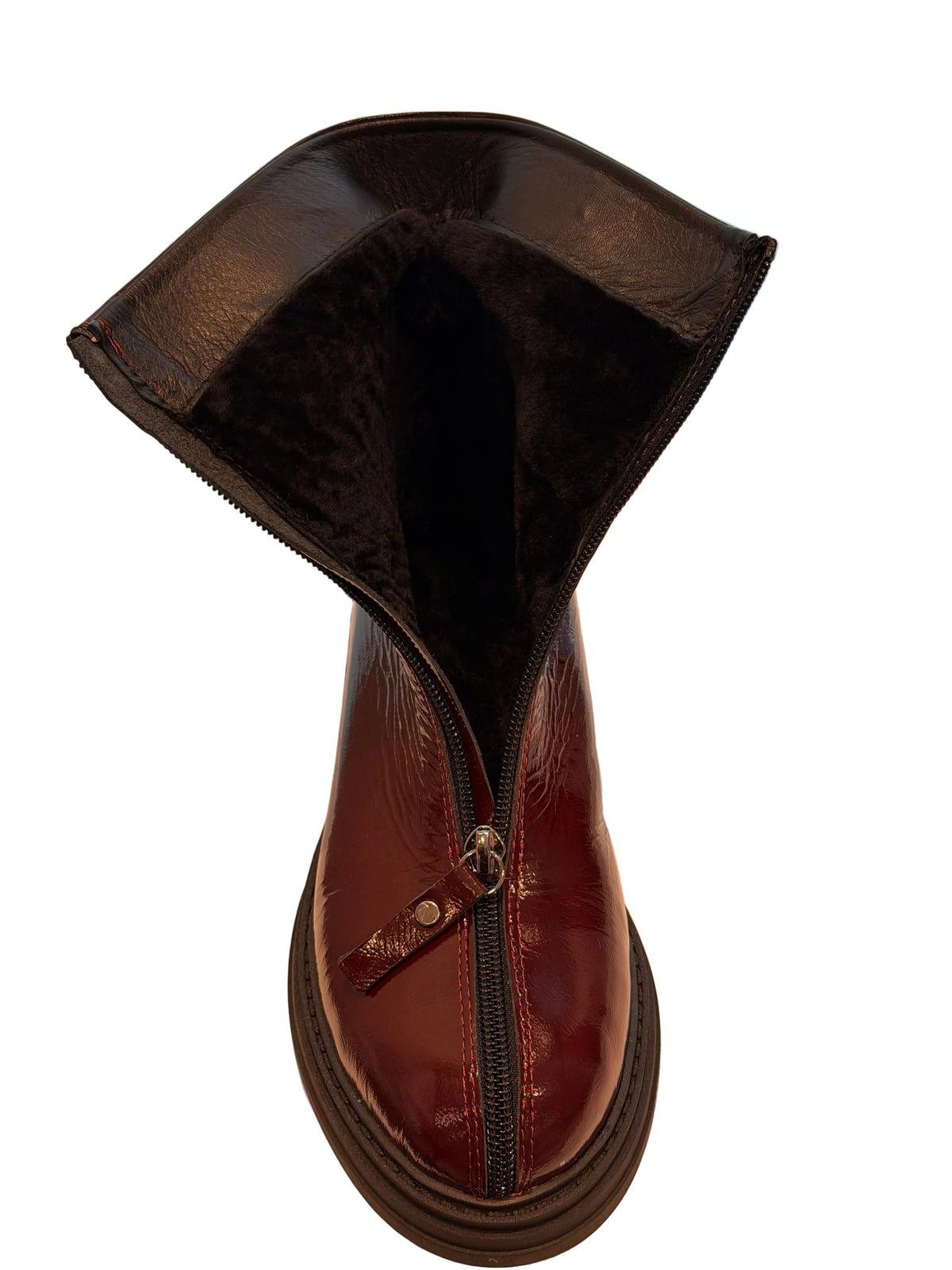 Burgundy leather zip boot opened to show its dark plush lining
