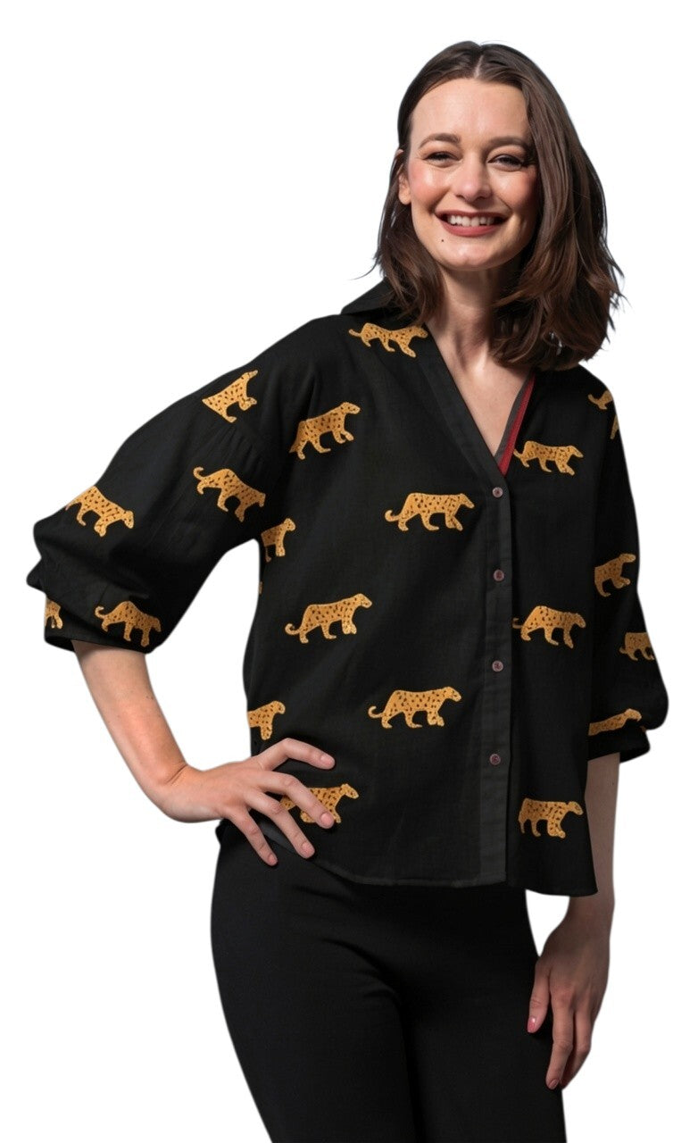 Milano black embroidered cheetah top with V-neck and loose sleeves, button-front