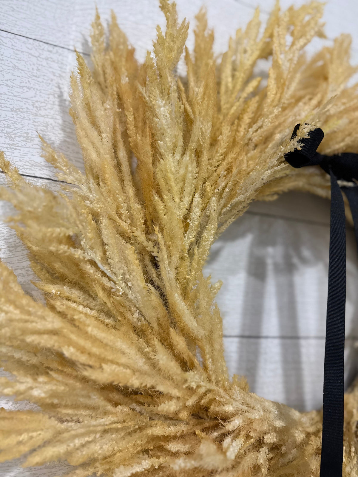 Close-up pampas wreath fronds with navy ribbon bow
