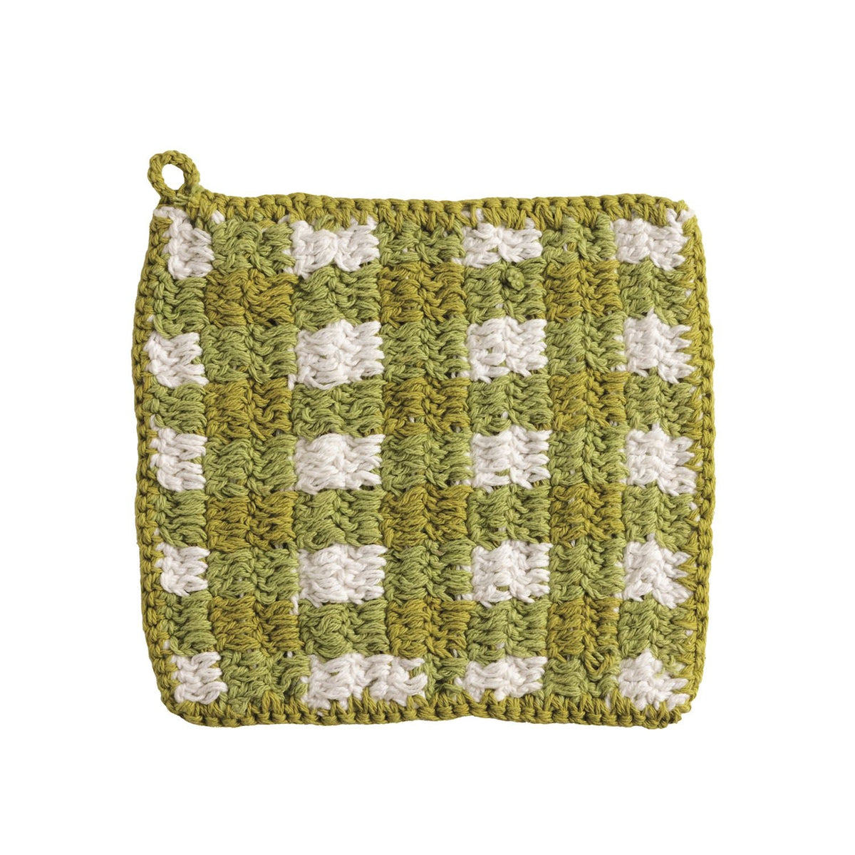 Green crochet check pot holder square with raised white grid patches and hanging loop.