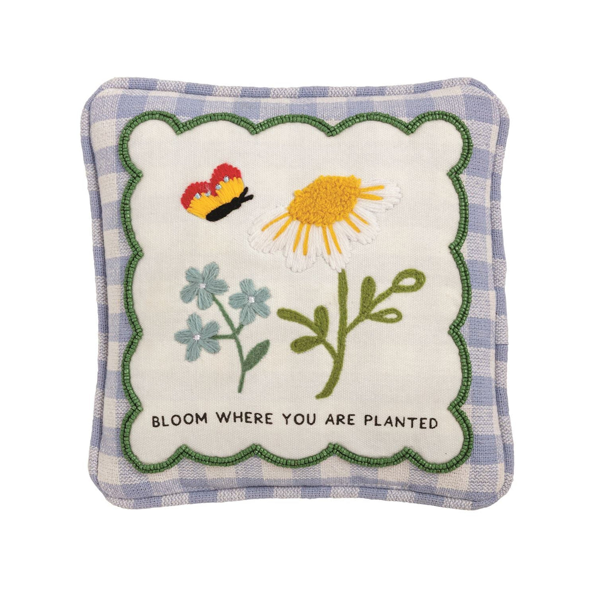 Embroidered mini accent pillow, bird and dandelion florals, 'Bloom Where You Are Planted'