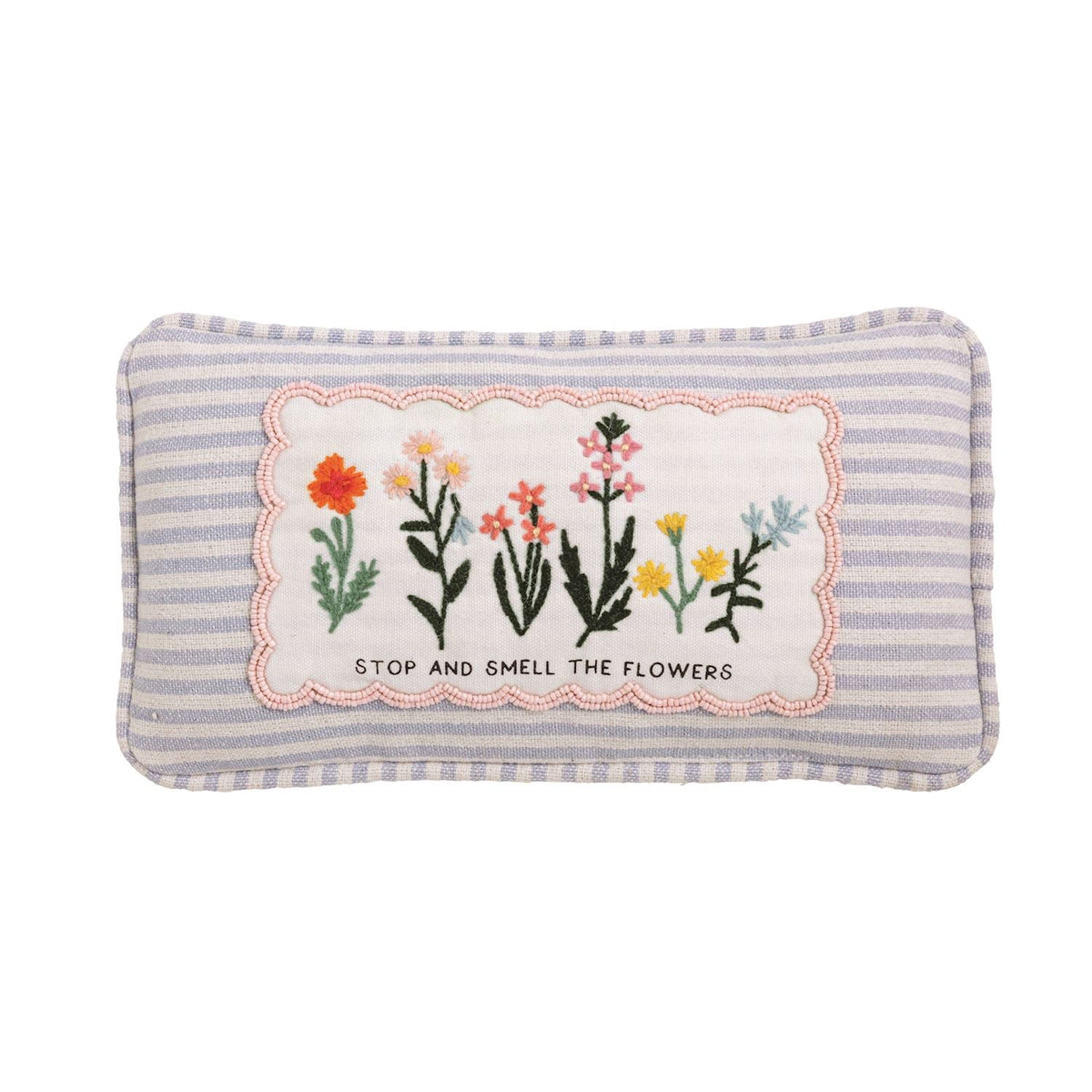 Embroidered mini accent pillow, flower garden embroidery, 'Stop And Smell The Flowers'