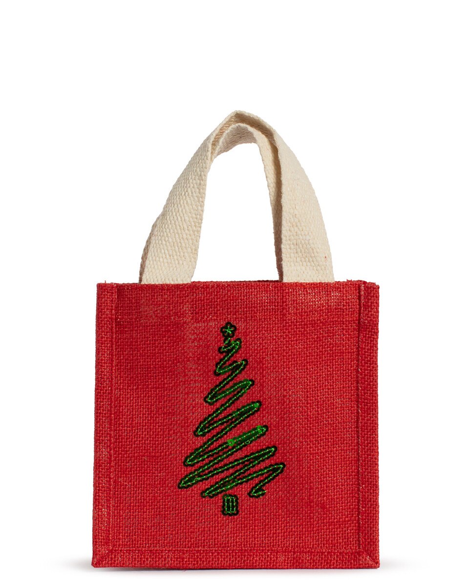 Red small gift tote bag with jute handles, green sequin-style Christmas tree front