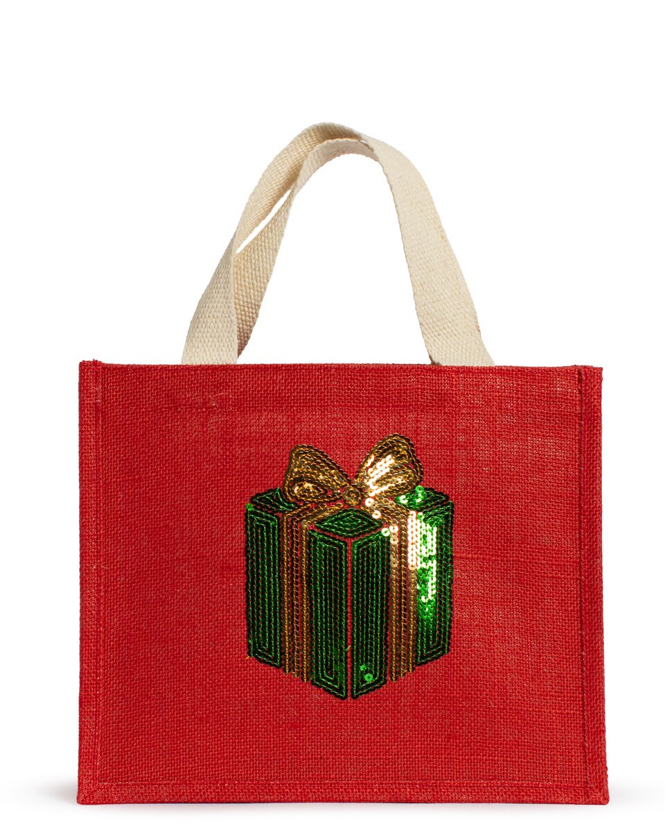 Red jute tote bag with beaded green gift box applique and gold bow