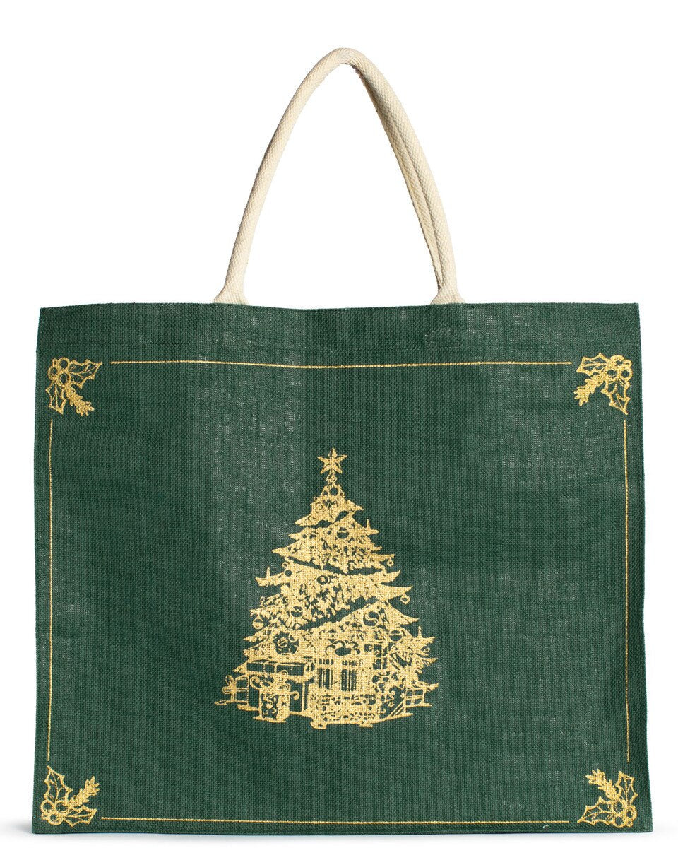 Dark green canvas tote with centered gold Christmas tree graphic