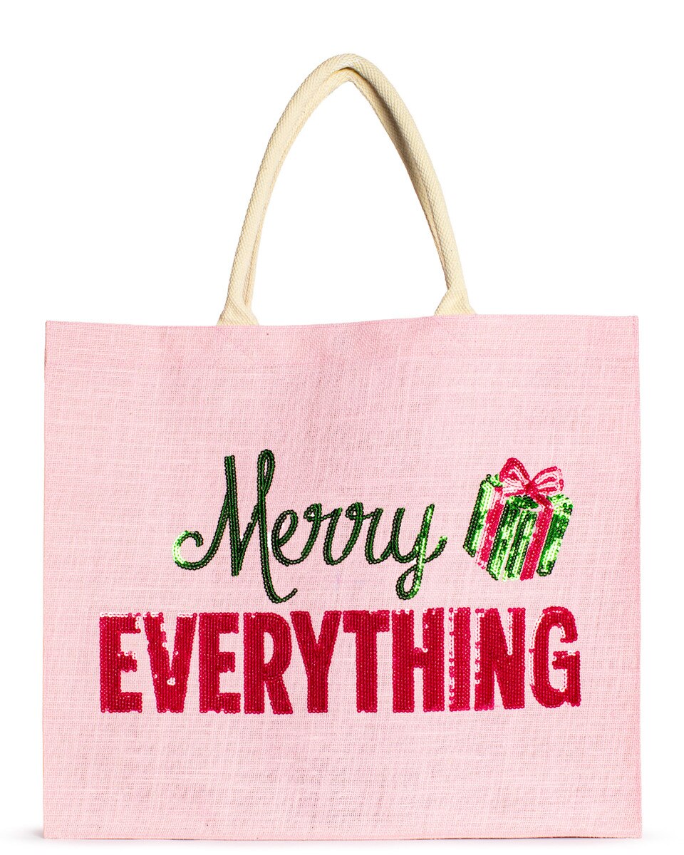 Pink canvas tote with 'Merry Everything' text and wrapped gift icon