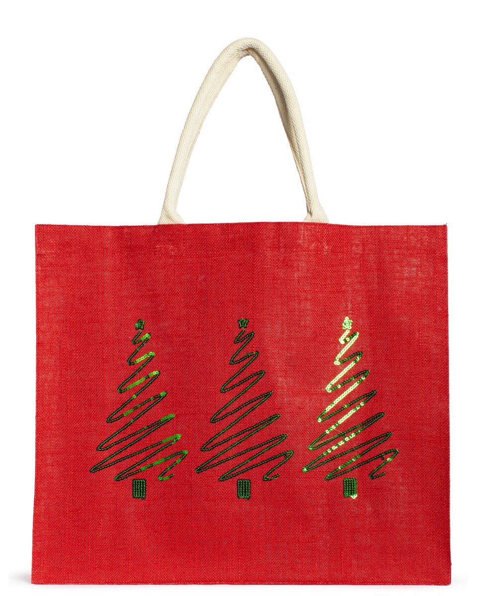 Red canvas tote with three green Christmas tree designs
