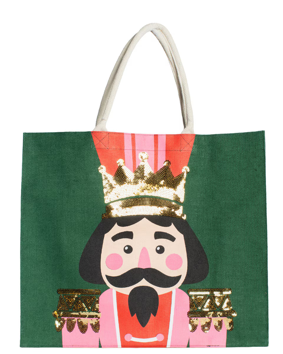 Green canvas tote with nutcracker figure and gold crown graphic