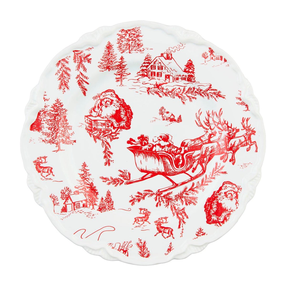White and red toile Christmas dessert plate with scalloped edge and holiday scene