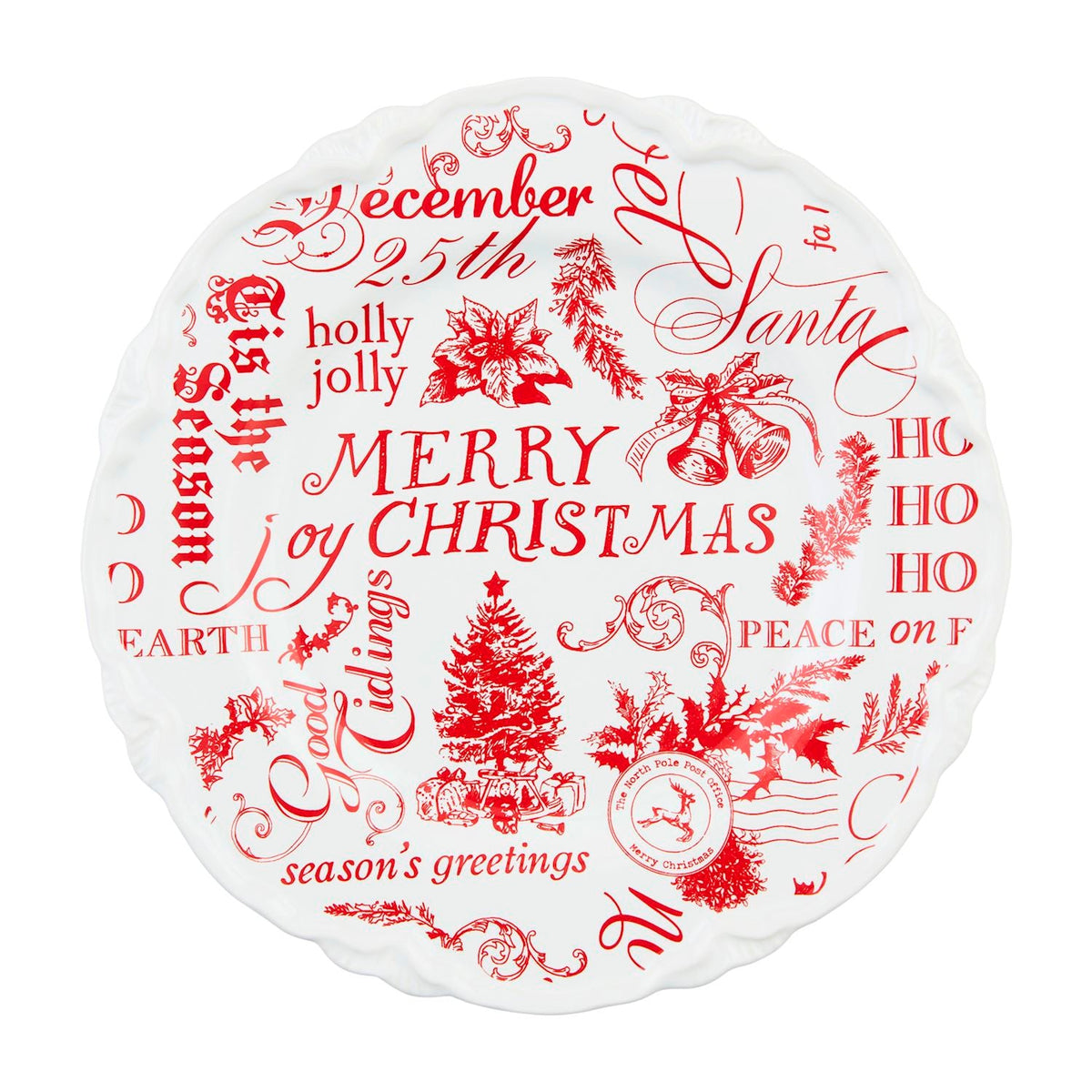 Christmas dessert plate with white background and red Merry Christmas and jolly print