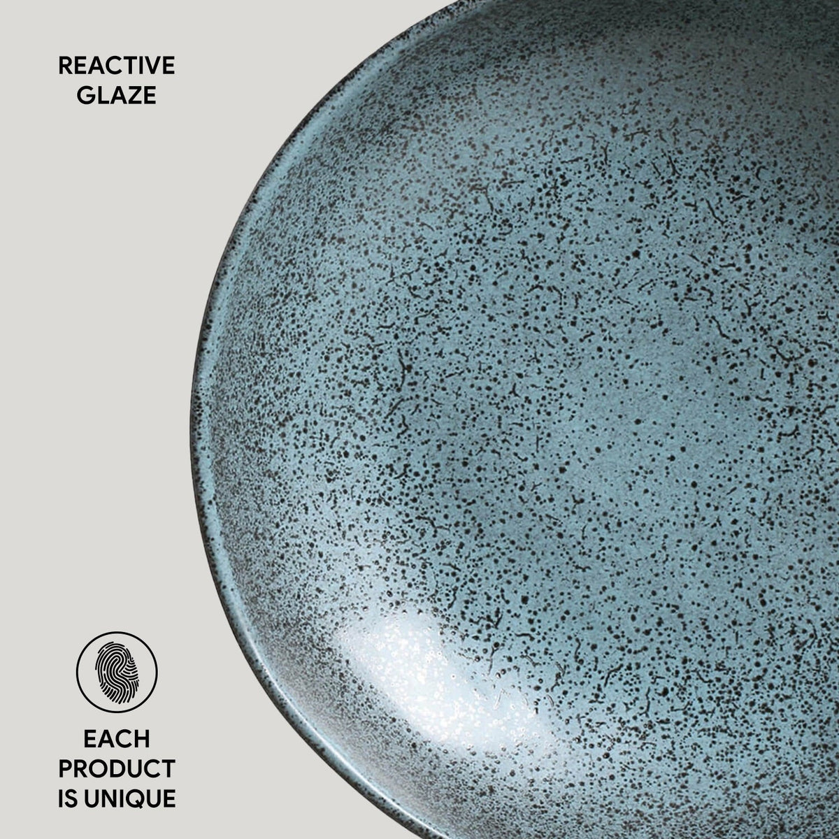Pasta plate set of 6, speckled teal-blue reactive glaze ceramic plate with wide rim