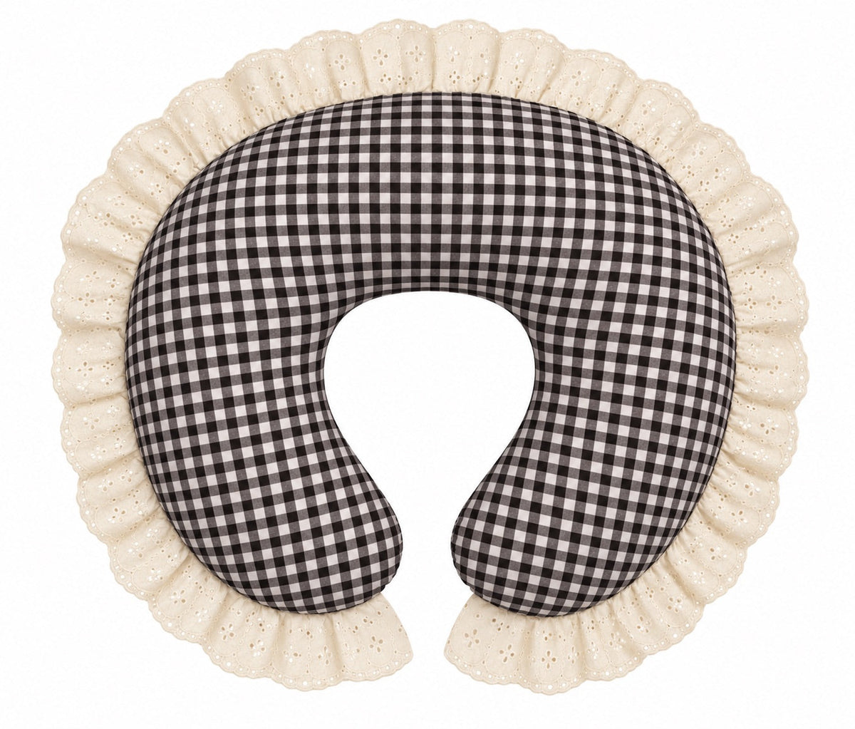 Nursing pillow cover with black gingham and ivory eyelet lace ruffle