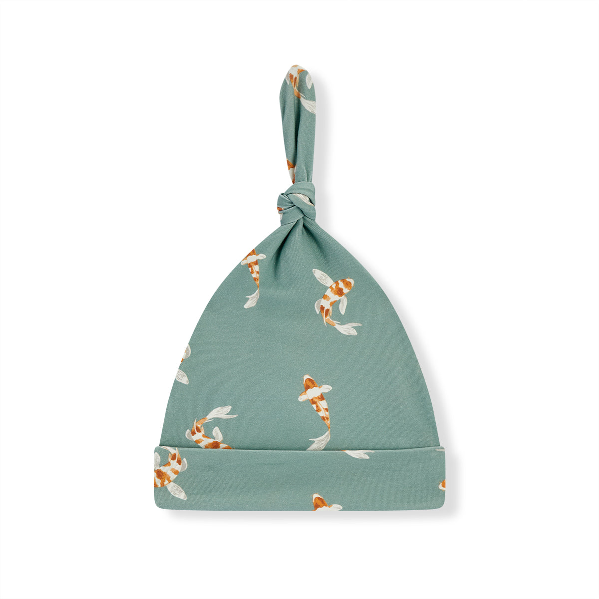 Teal cotton stretch beanie with knotted top and koi fish pattern, ribbed cuff