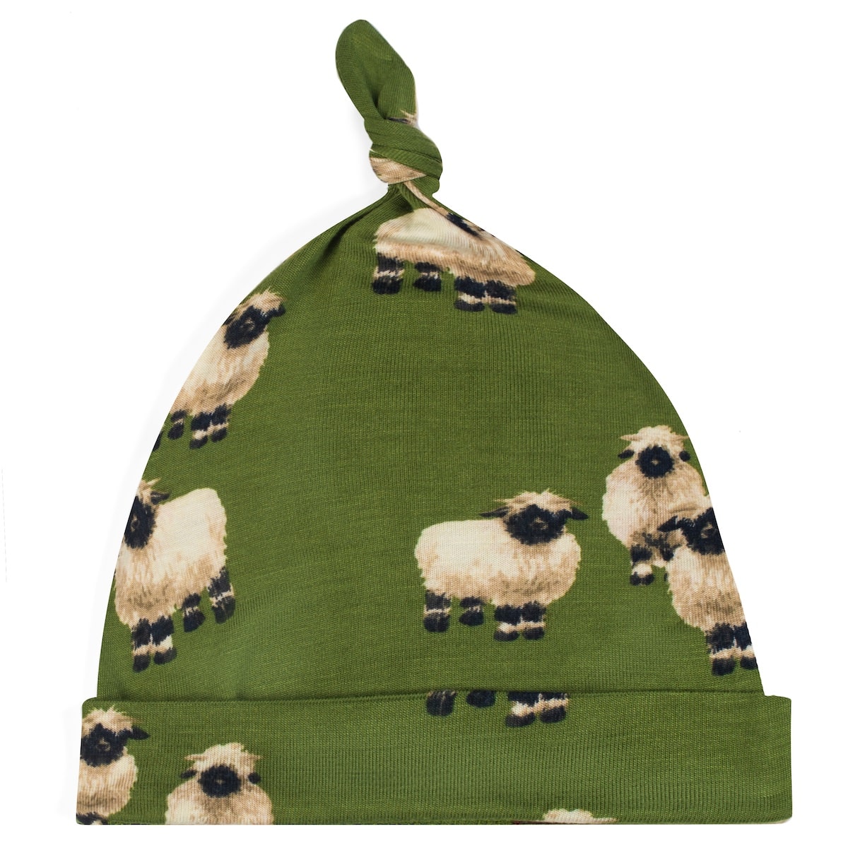 Olive green knotted beanie hat with sheep pattern and folded cuff