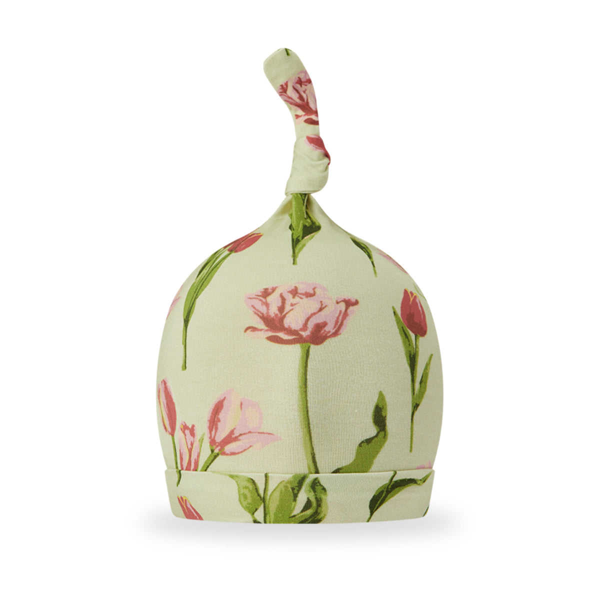 Floral knotted beanie hat in light green with pink tulip print, side view