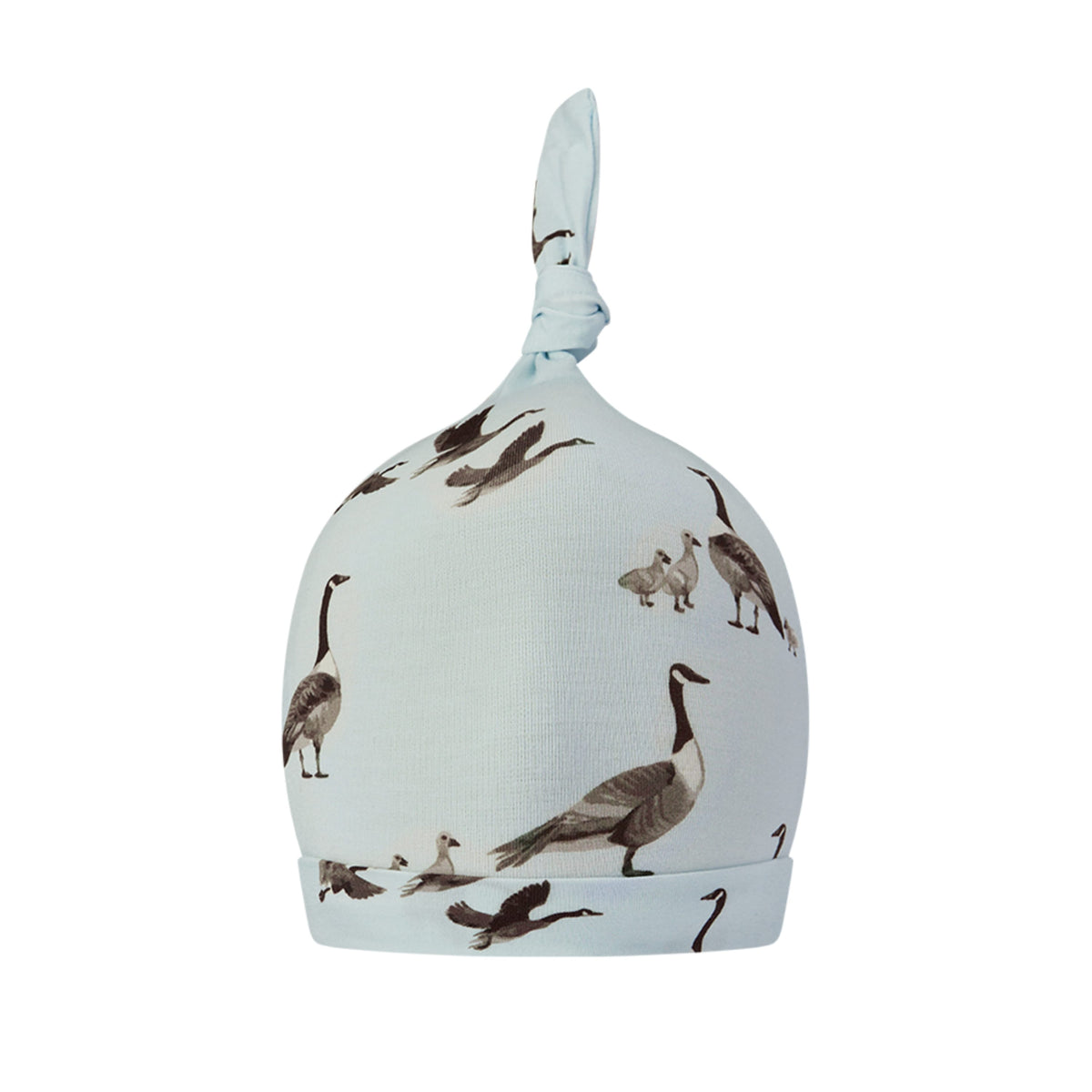 Light blue knotted beanie hat with allover animal print and rolled hem