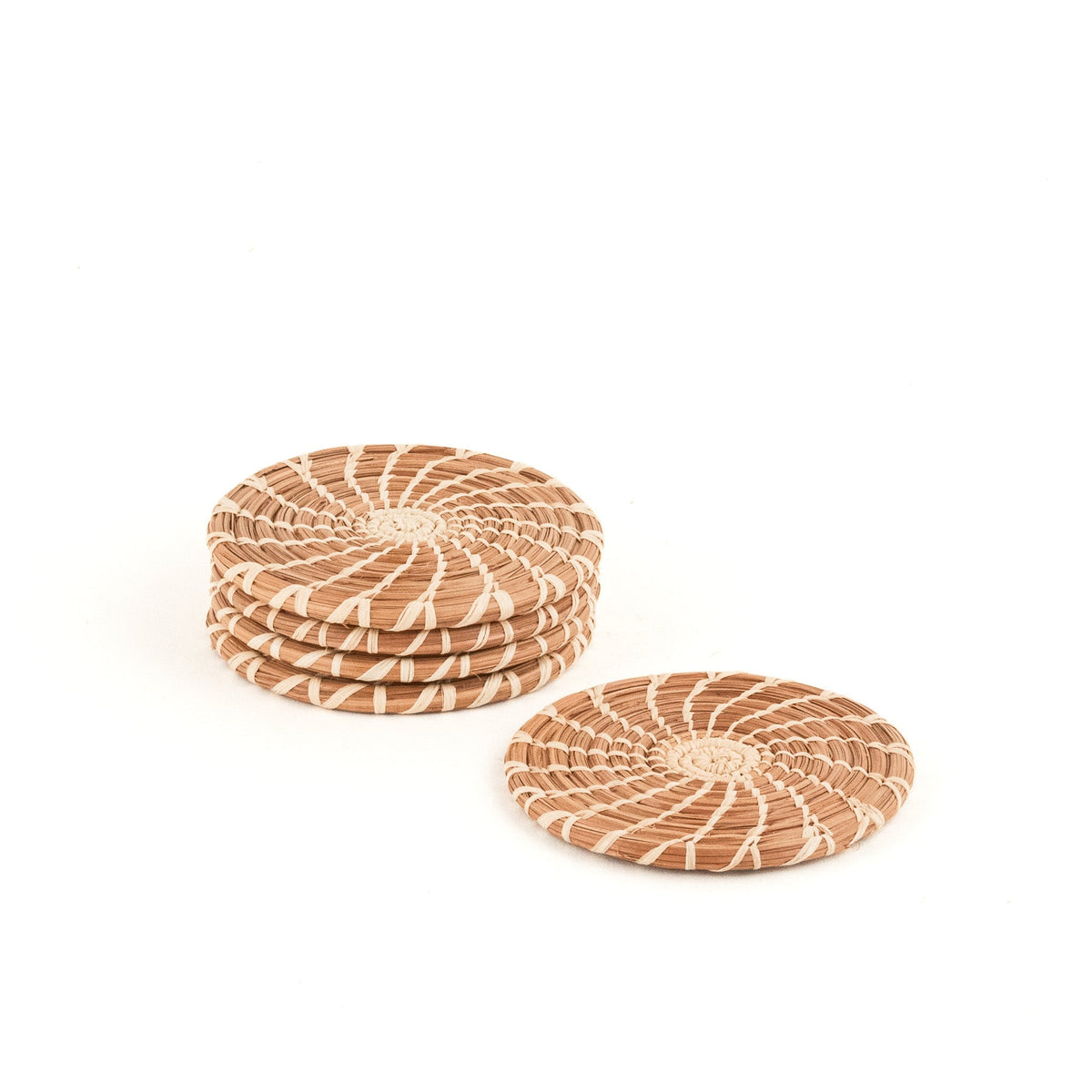 Woven pine-needle coasters, set of four, tan with spiral pattern