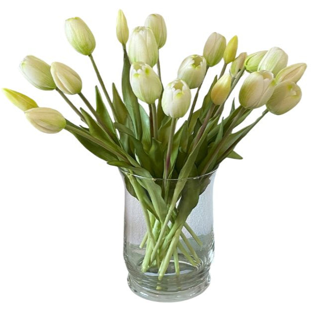 Artificial tulip stems bundle with pale white blossoms and green leaves, 10-pack