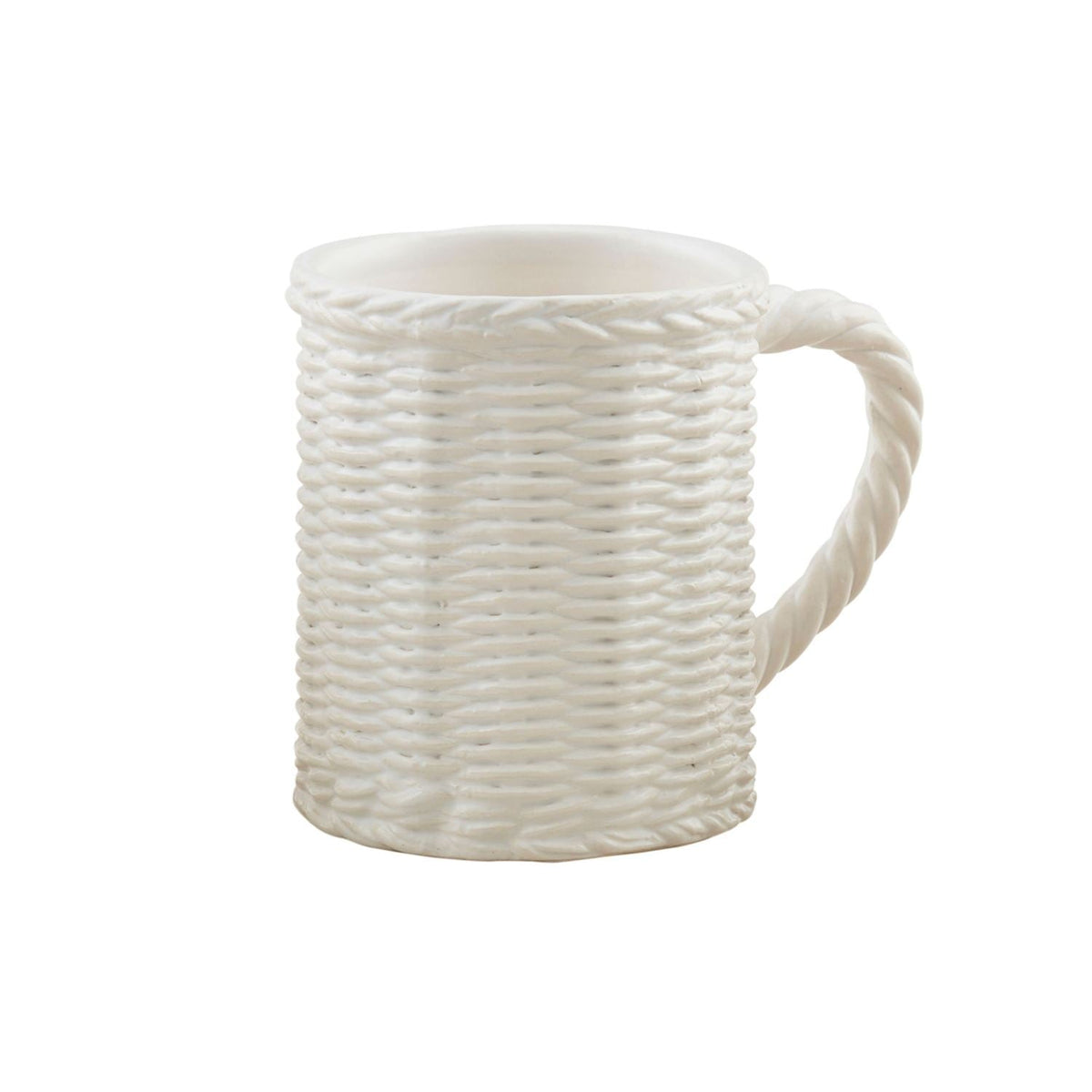 White ceramic coffee mug with ribbed woven wrap texture and curved side handle