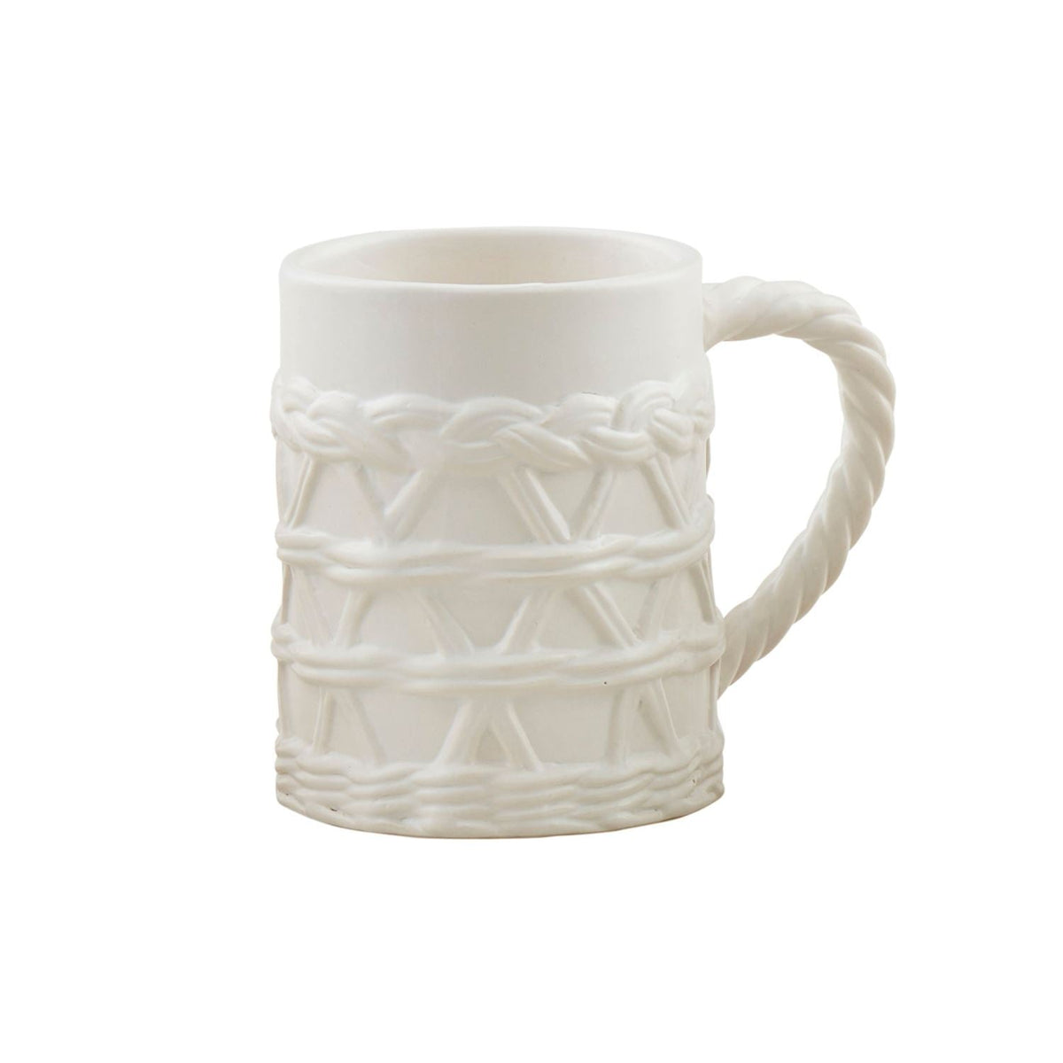 White ceramic coffee mug with crisscross woven lattice relief and curved side handle