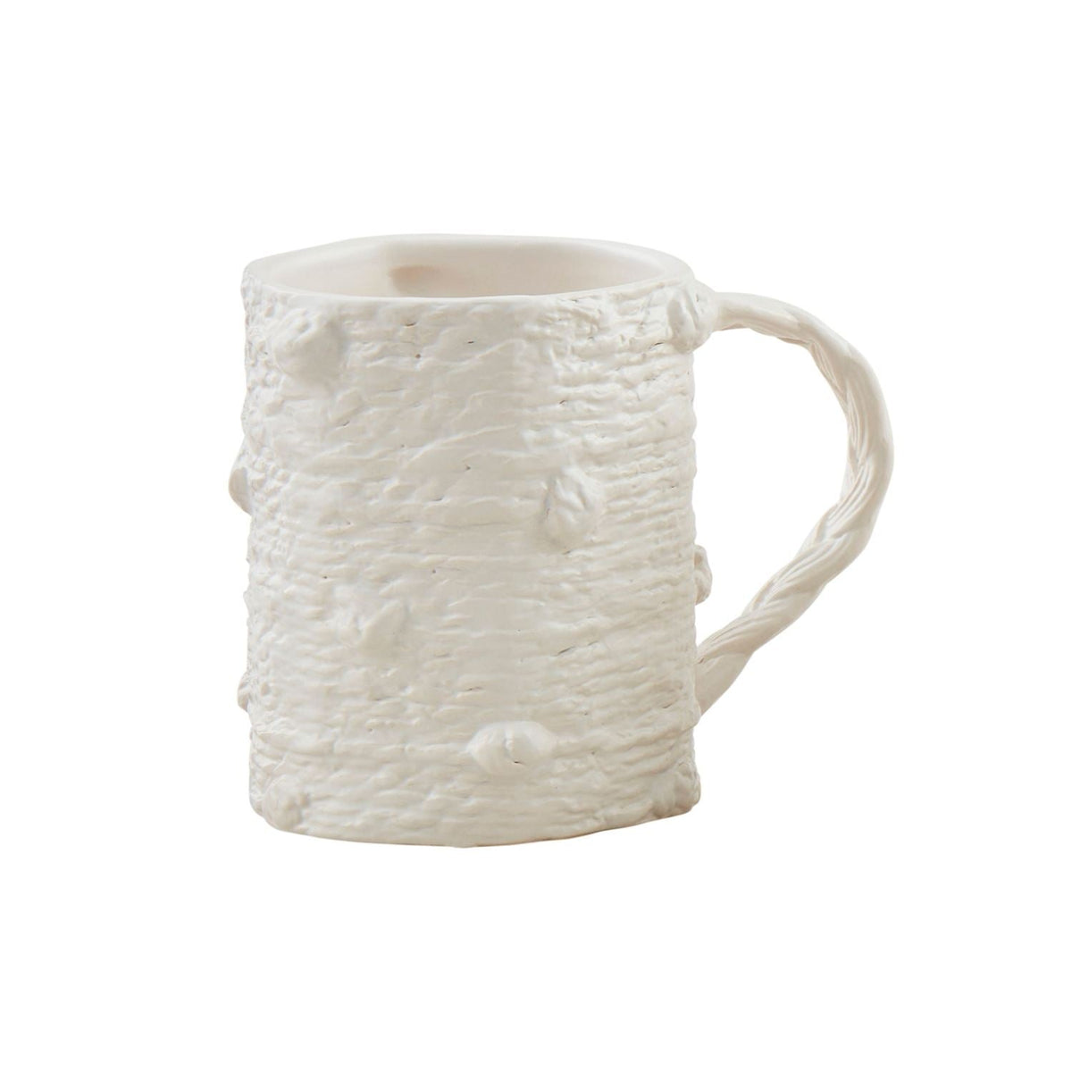 White ceramic coffee mug with twisted woven relief texture and curved side handle