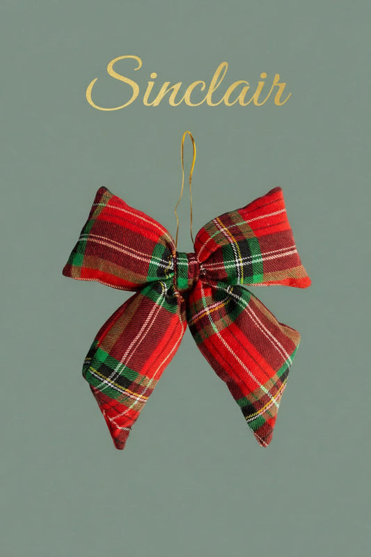 Plaid bow ornament with hanging loop, red green striped fabric