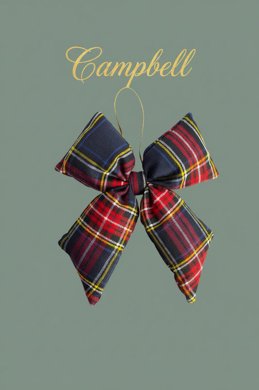 Plaid bow ornament with hanging loop, navy blue red yellow stripes