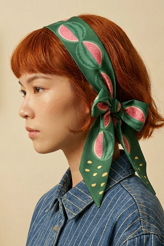 Watermelon print twilly scarf knotted on hair bun, green and pink pattern.