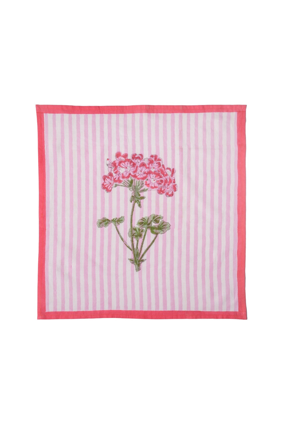Pink striped blockprint napkin with red border and pink hydrangea floral motif