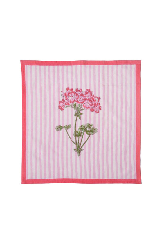 Pink striped blockprint napkin with red border and pink hydrangea floral motif