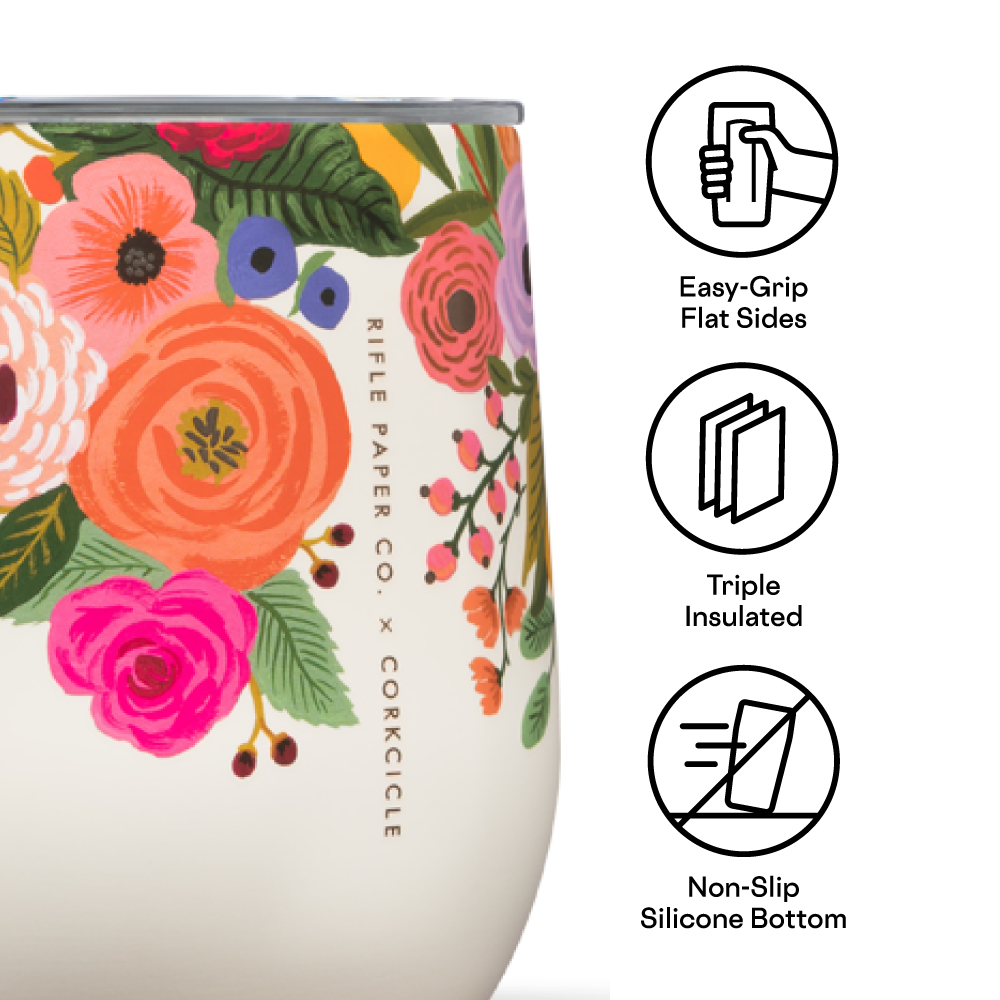 Cream stemless 12oz tumbler with floral side print and clear rim