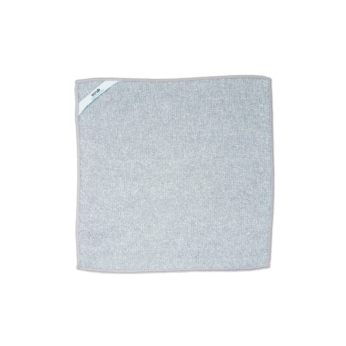 Gray-blue microfiber cleaning cloth with stitched edge and small brand label