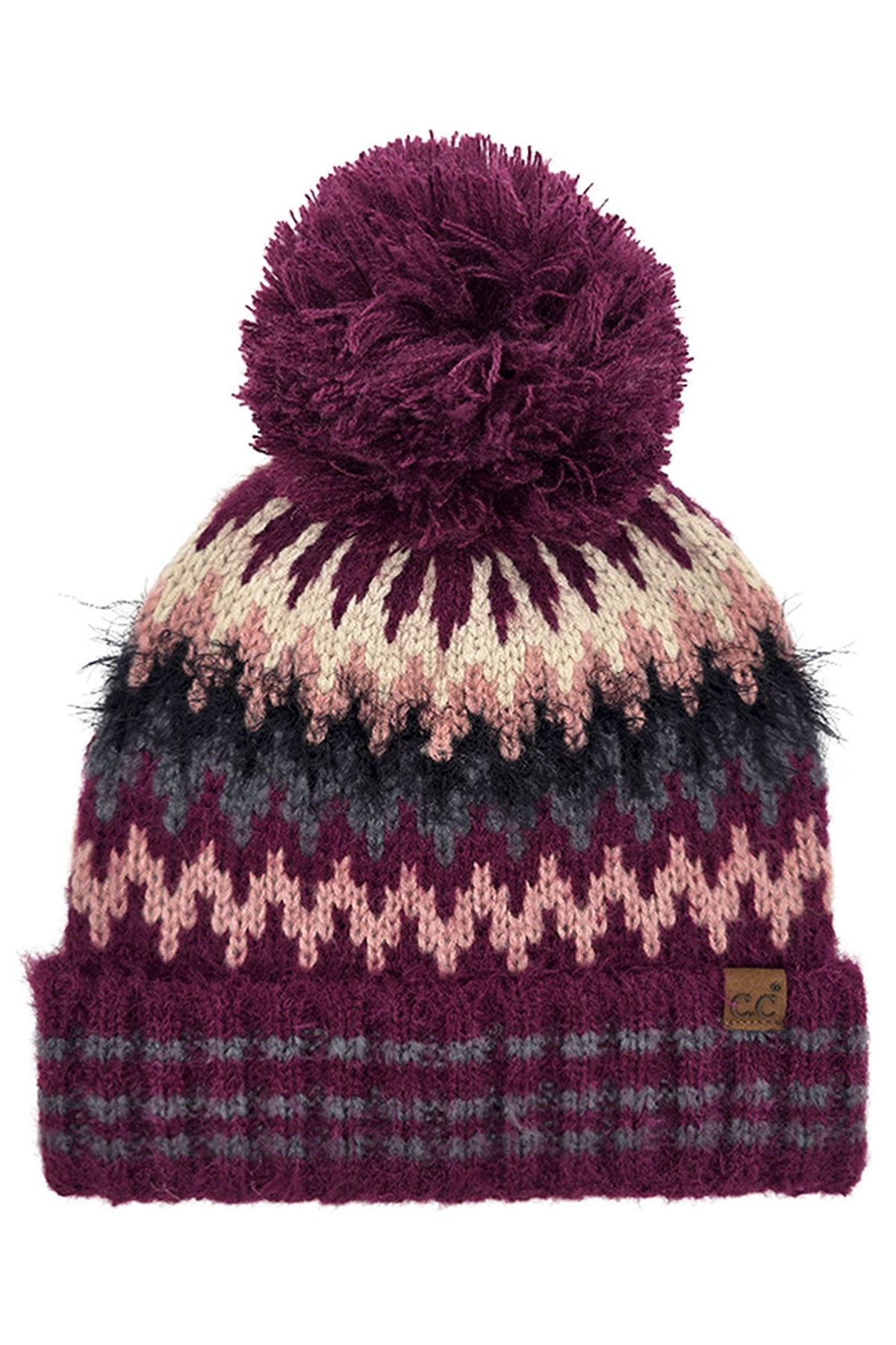 Striped knit beanie with large purple pom-pom and zigzag chevron pattern, C.C logo patch