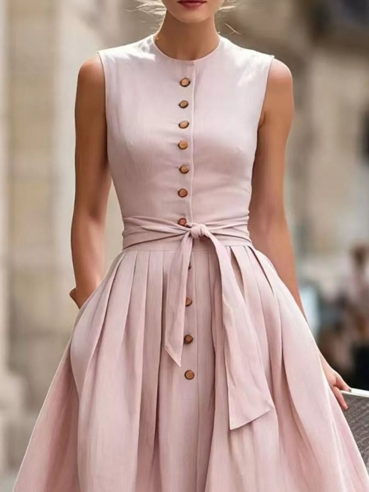 Vintage-Inspired Belted Sleeveless Midi Dress