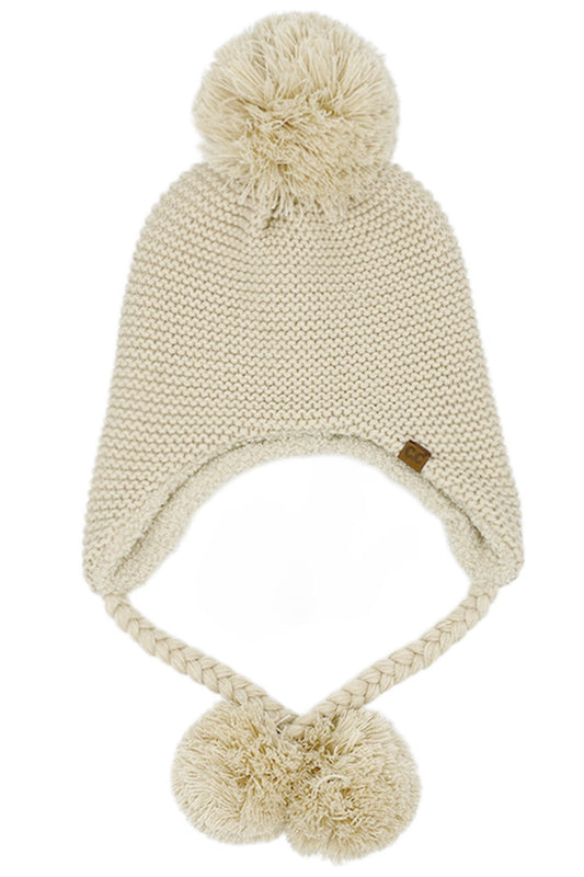 Beige knitted trapper beanie with yarn pom top and two pom ear flaps