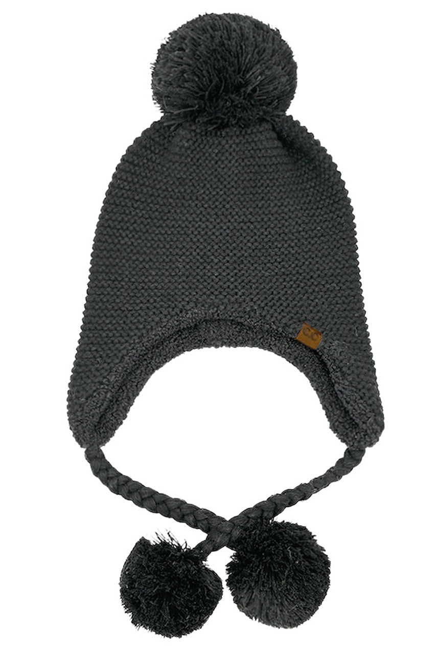 Black knitted trapper beanie with yarn pom top and two pom ear flaps