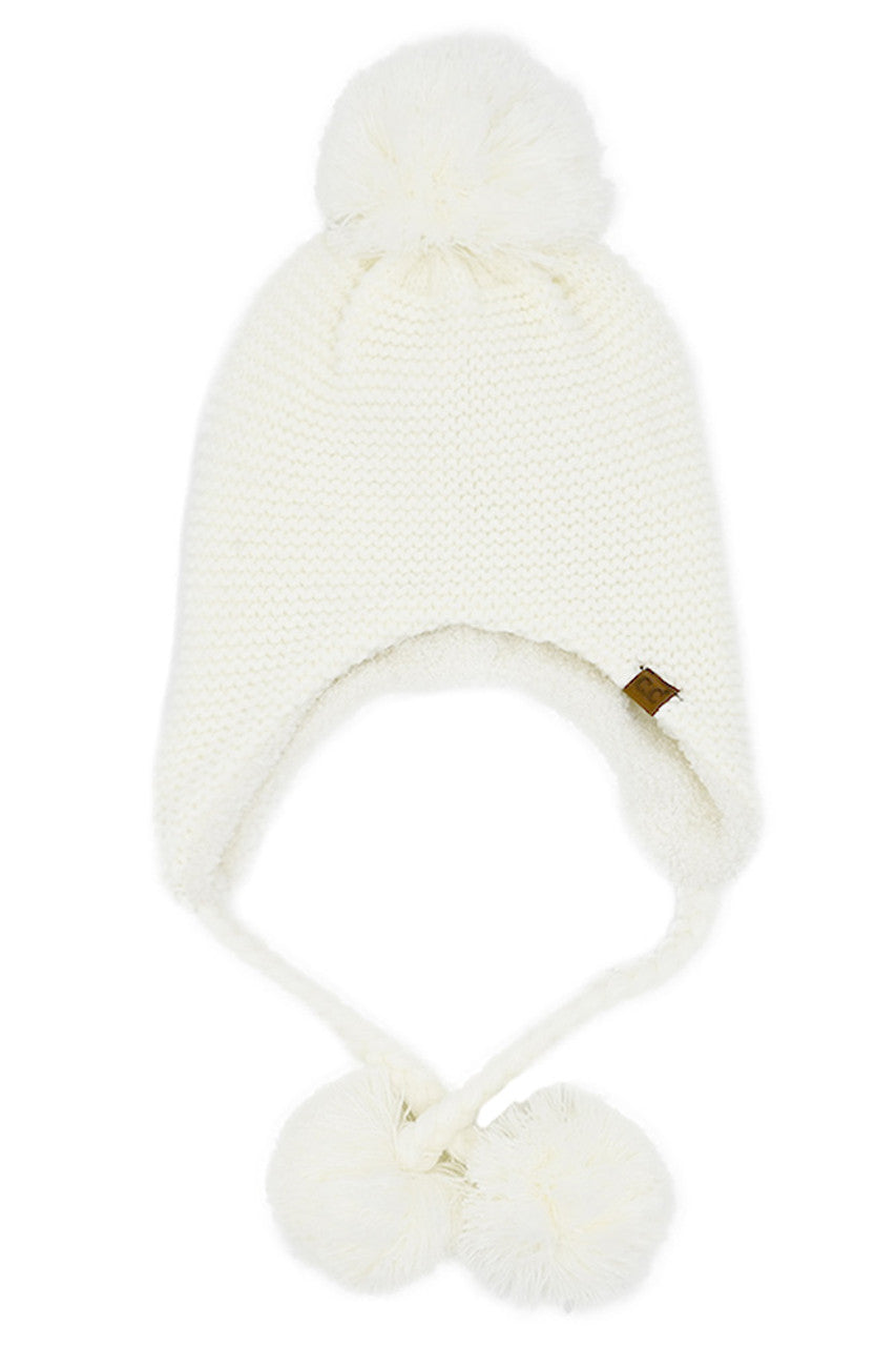 Ivory knitted trapper beanie with yarn pom top and two pom ear flaps