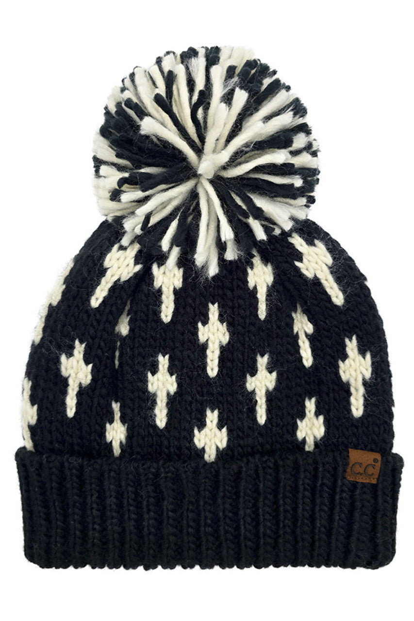 Black knit beanie with cream cross pattern, large pom-pom, ribbed cuff, C.C patch