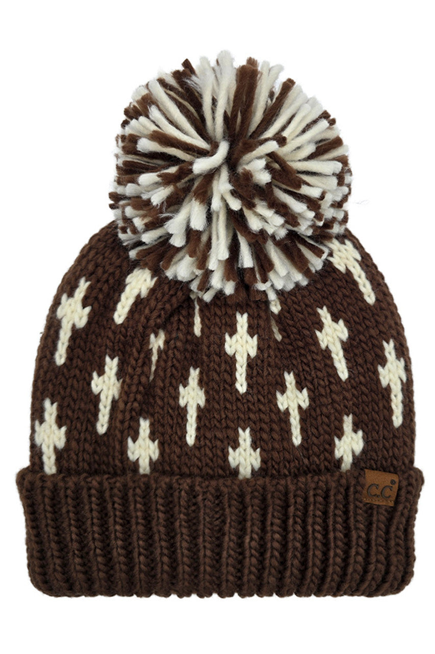 Brown knit beanie with cream cross pattern, large pom-pom, ribbed cuff, C.C patch