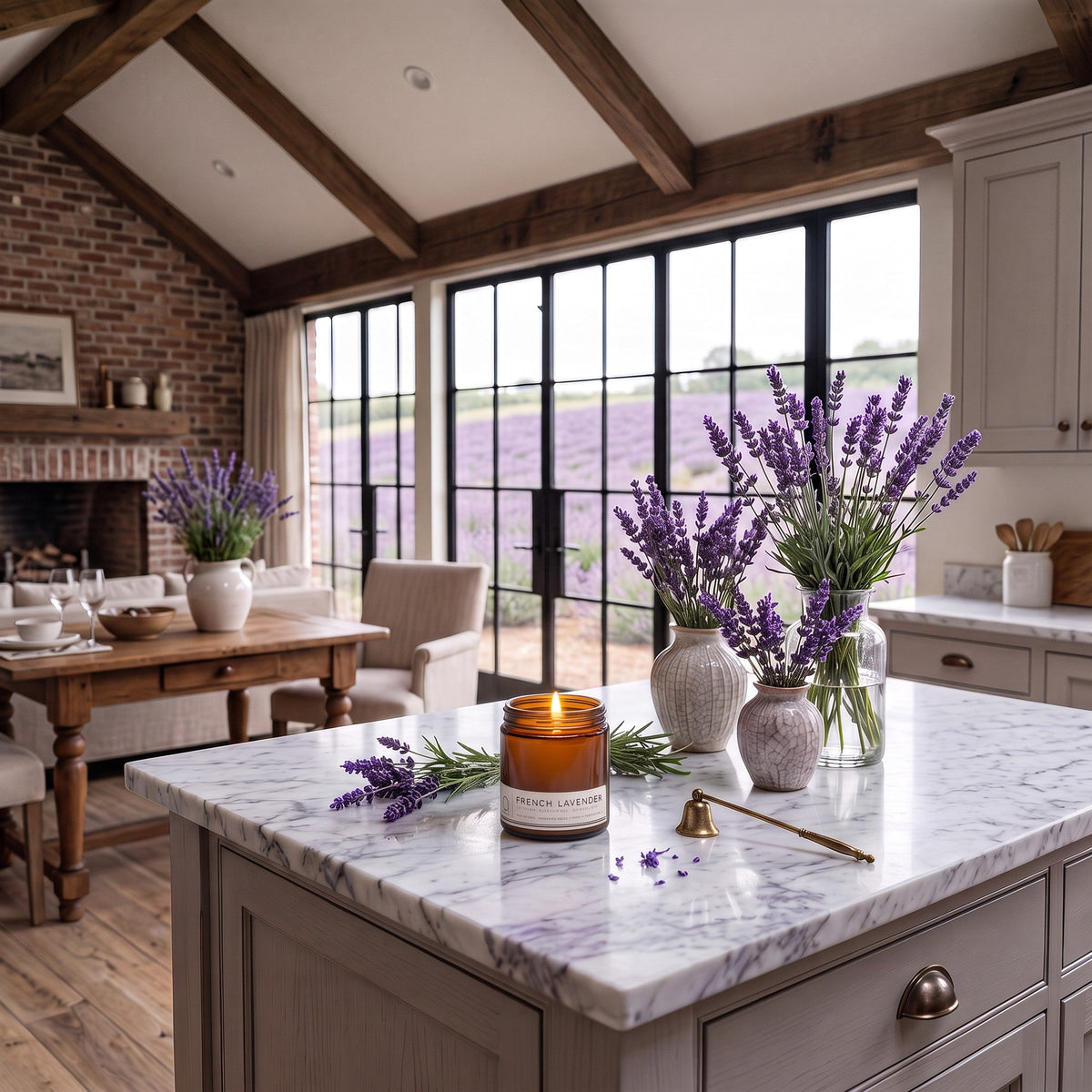 French Lavender soy candle on marble table with purple flowers in room scene