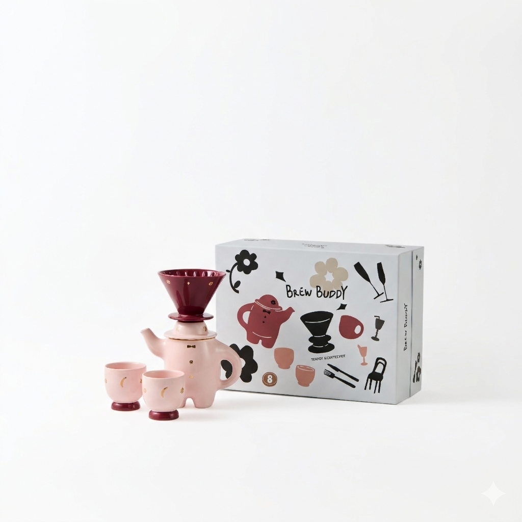 Pink porcelain teapot with matching coffee dripper and cups, shown with product box