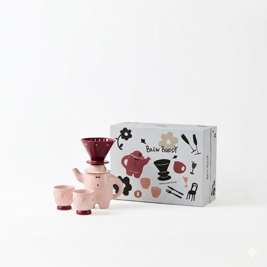 Pink porcelain teapot with matching coffee dripper and cups, shown with product box
