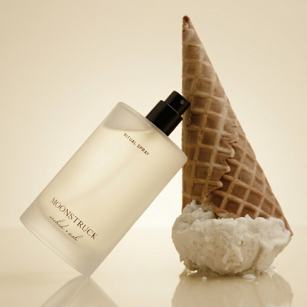 MOONSTRUCK ritual spray bottle with black pump beside waffle cone and white cream.