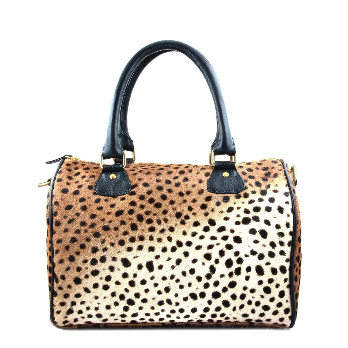 Leopard-print leather barrel bag with black handles and metal accents